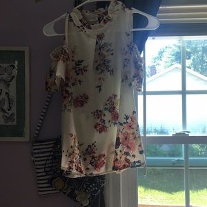 Shoulder cutout floral cream high neck blouse
